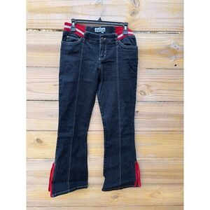 Romance Jeans Women Size 5 Dark Wash Flare Denim Red Ribbed Knit Trim Split Hem